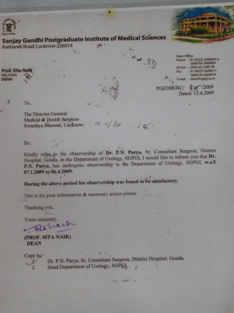 SGPGI Urology Observership Certificate